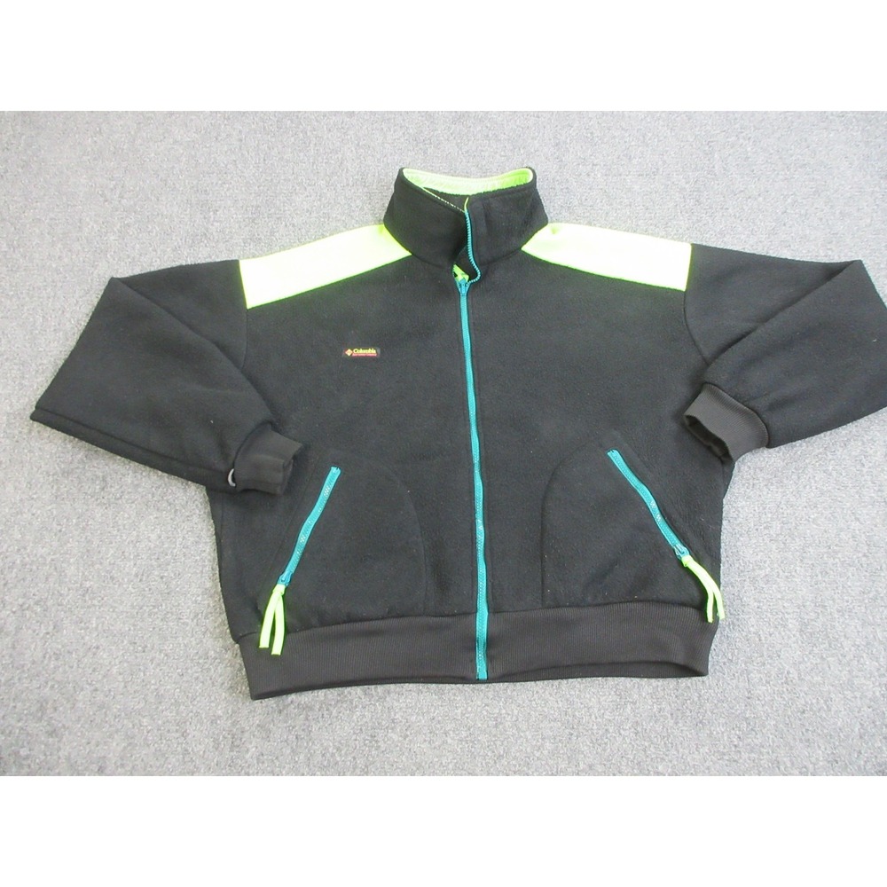 Vintage Columbia Fleece Jacket Mens XL Black Bomber Neon Zip USA Made 90s